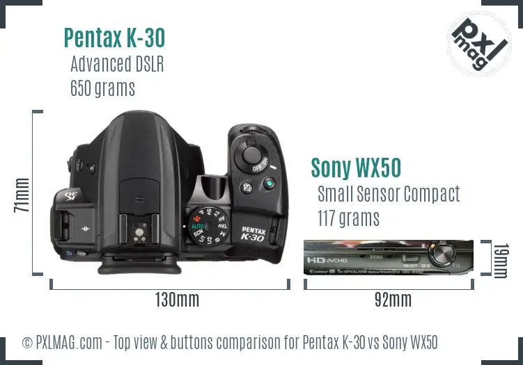 Pentax K-30 vs Sony WX50 top view buttons comparison