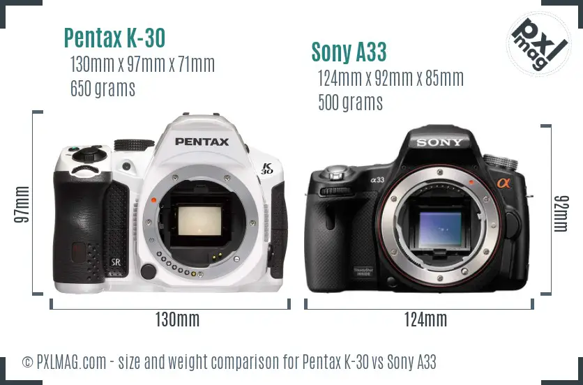 Pentax K-30 vs Sony A33 size comparison