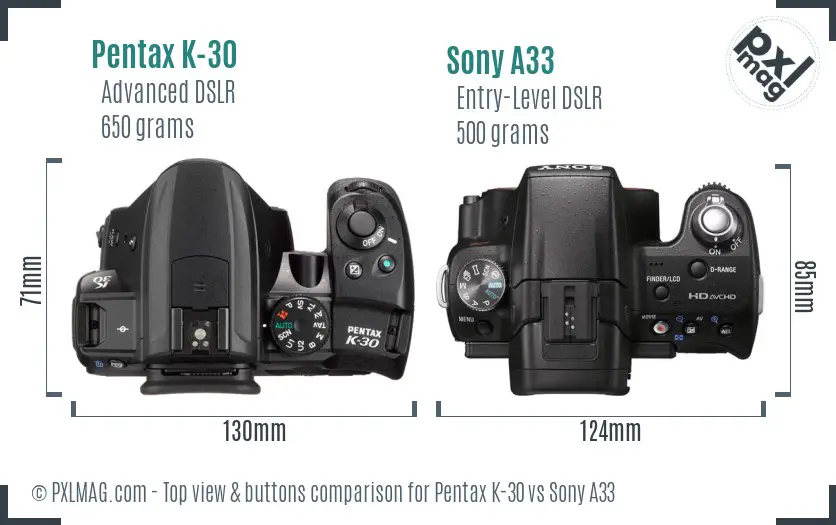 Pentax K-30 vs Sony A33 top view buttons comparison