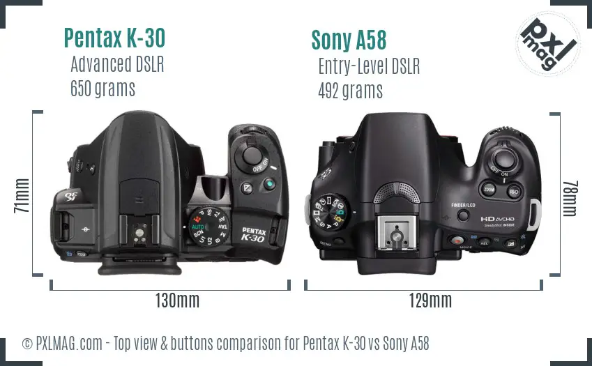 Pentax K-30 vs Sony A58 top view buttons comparison Pentax K-30 vs Sony A58 top view buttons comparison
