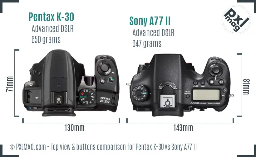 Pentax K-30 vs Sony A77 II top view buttons comparison