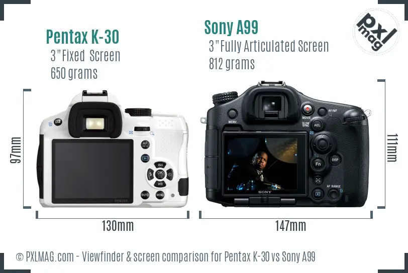 Pentax K-30 vs Sony A99 Screen and Viewfinder comparison