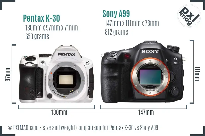 Pentax K-30 vs Sony A99 size comparison
