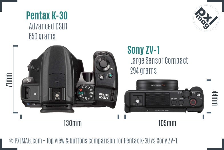 Pentax K-30 vs Sony ZV-1 top view buttons comparison