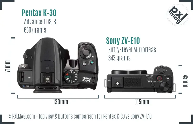 Pentax K-30 vs Sony ZV-E10 top view buttons comparison