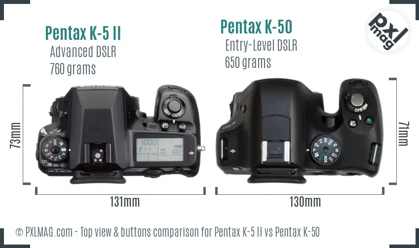 Pentax K-5 II vs Pentax K-50 top view buttons comparison