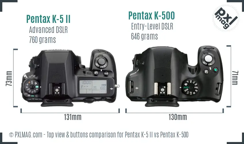 Pentax K-5 II vs Pentax K-500 top view buttons comparison
