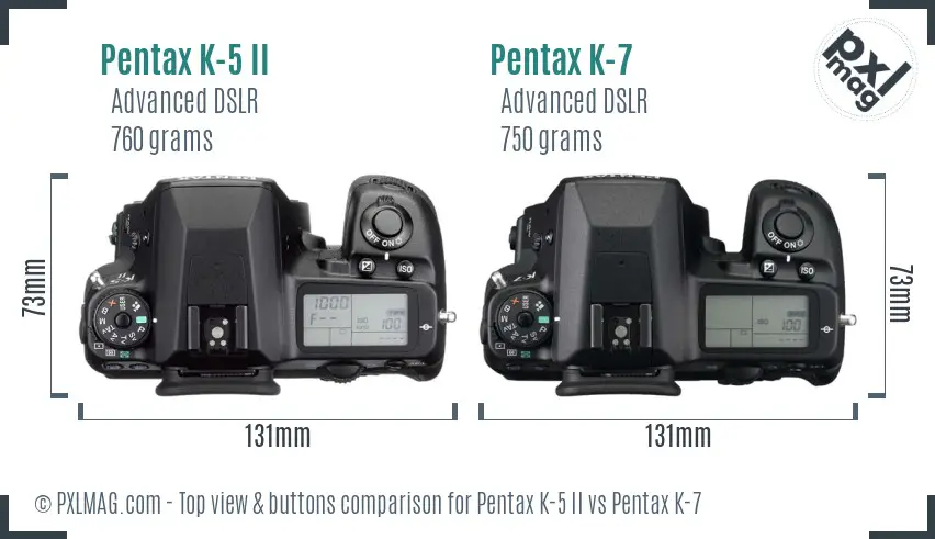 Pentax K-5 II vs Pentax K-7 top view buttons comparison