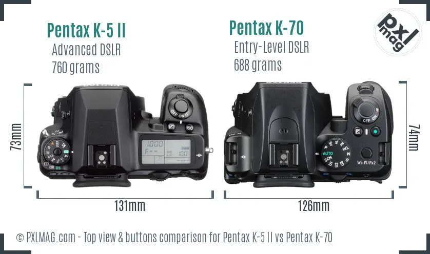 Pentax K-5 II vs Pentax K-70 top view buttons comparison