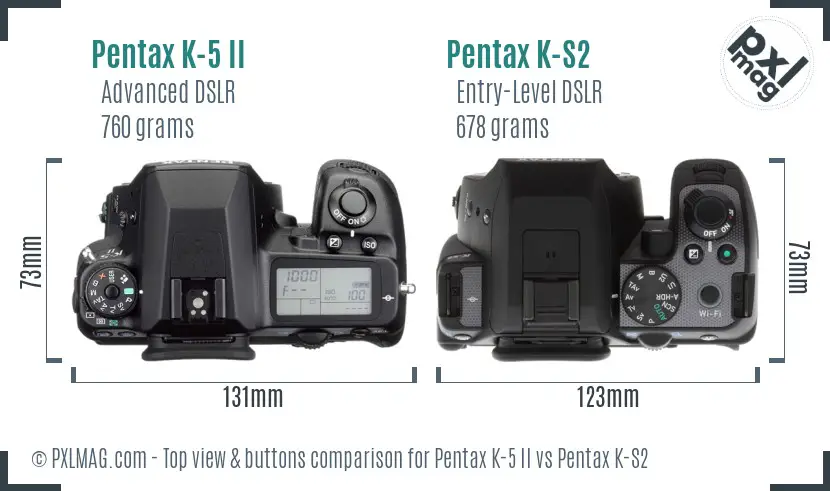 Pentax K-5 II vs Pentax K-S2 top view buttons comparison