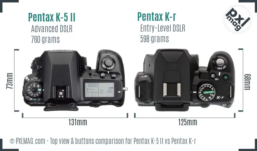 Pentax K-5 II vs Pentax K-r top view buttons comparison