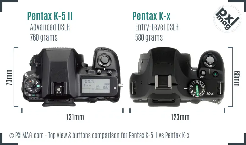Pentax K-5 II vs Pentax K-x top view buttons comparison