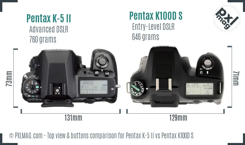 Pentax K-5 II vs Pentax K100D S top view buttons comparison