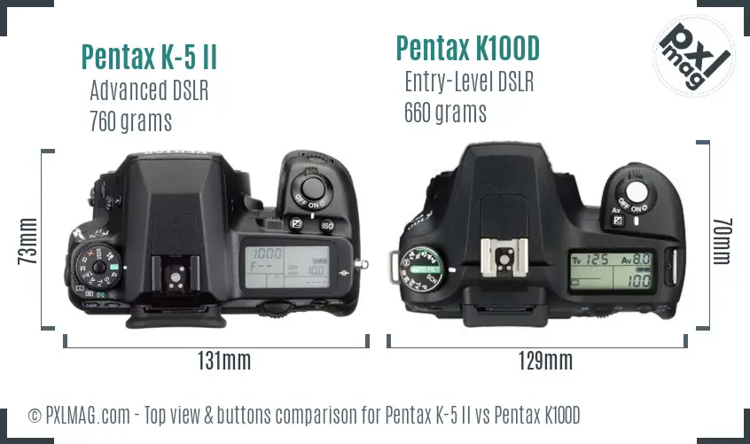 Pentax K-5 II vs Pentax K100D top view buttons comparison