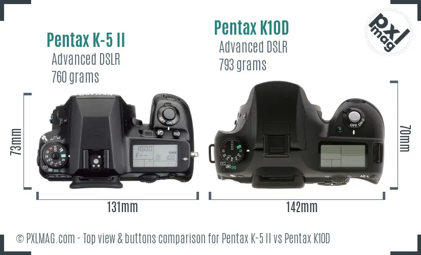 Pentax K-5 II vs Pentax K10D top view buttons comparison