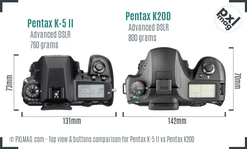 Pentax K-5 II vs Pentax K20D top view buttons comparison