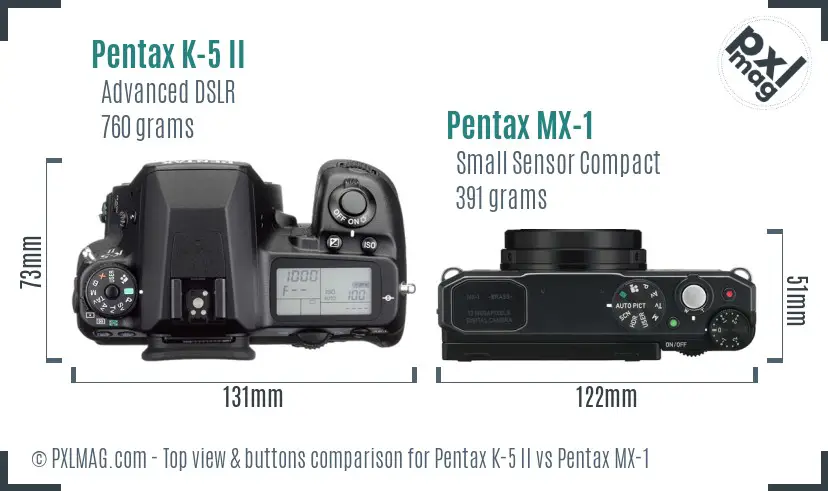 Pentax K-5 II vs Pentax MX-1 top view buttons comparison