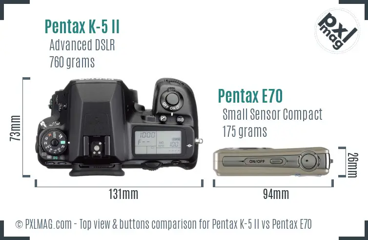 Pentax K-5 II vs Pentax E70 top view buttons comparison
