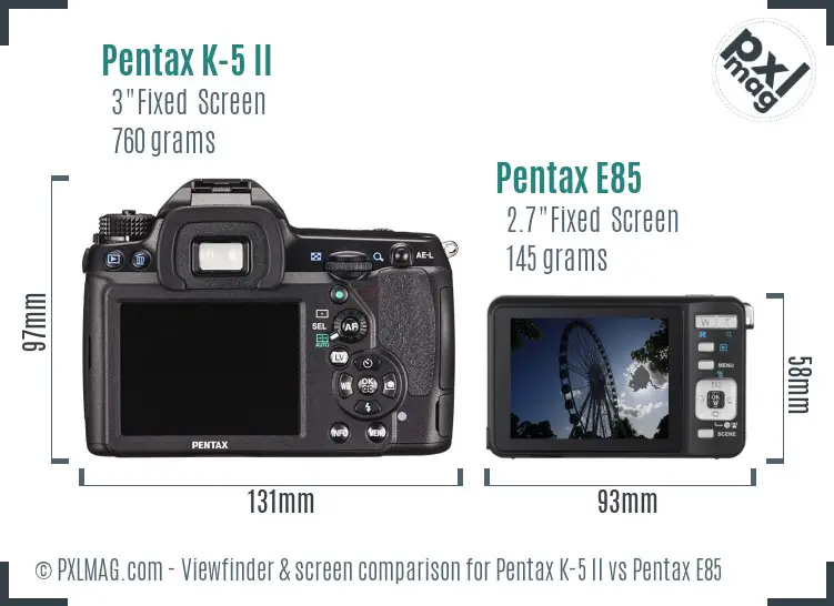 Pentax K-5 II vs Pentax E85 Screen and Viewfinder comparison