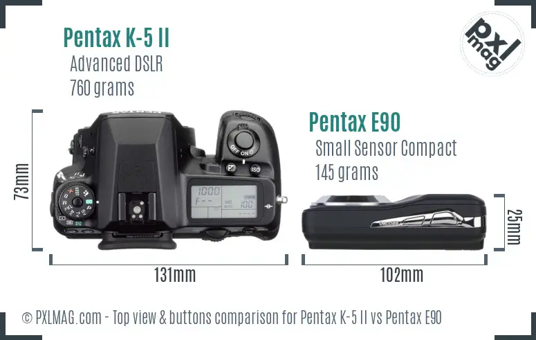 Pentax K-5 II vs Pentax E90 top view buttons comparison