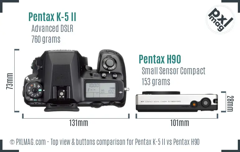 Pentax K-5 II vs Pentax H90 top view buttons comparison