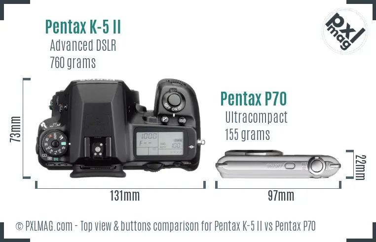 Pentax K-5 II vs Pentax P70 top view buttons comparison