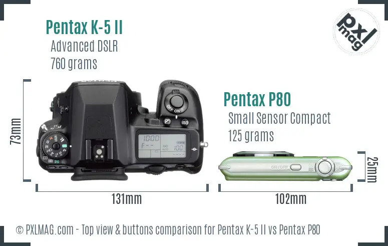 Pentax K-5 II vs Pentax P80 top view buttons comparison
