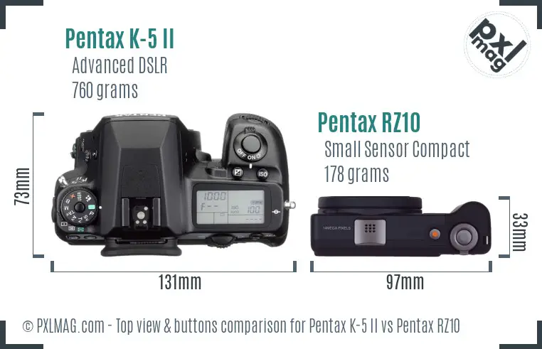 Pentax K-5 II vs Pentax RZ10 top view buttons comparison