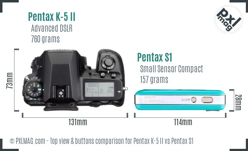 Pentax K-5 II vs Pentax S1 top view buttons comparison