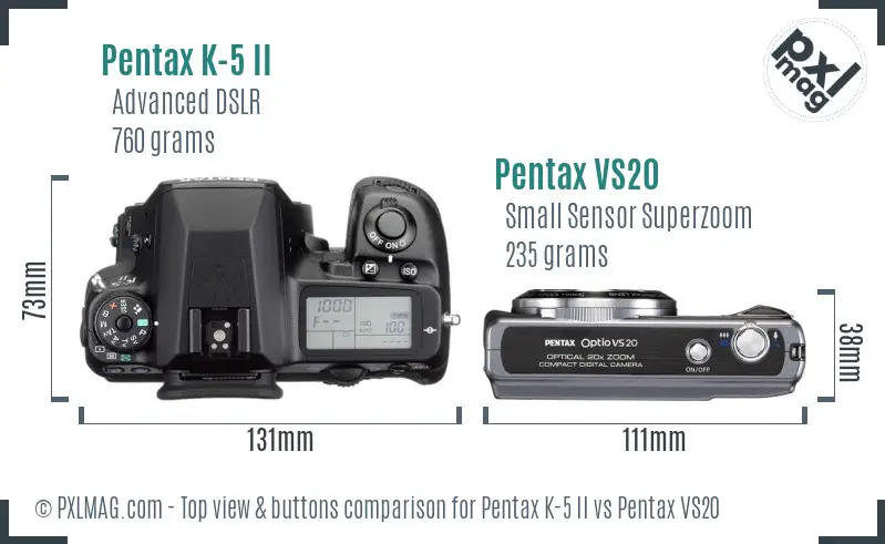 Pentax K-5 II vs Pentax VS20 top view buttons comparison