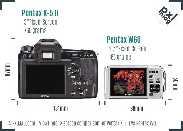 Pentax K-5 II vs Pentax W60 Screen and Viewfinder comparison