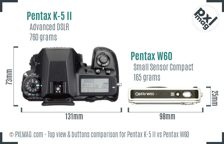 Pentax K-5 II vs Pentax W60 top view buttons comparison