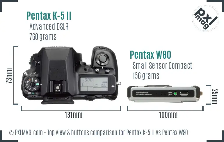 Pentax K-5 II vs Pentax W80 top view buttons comparison