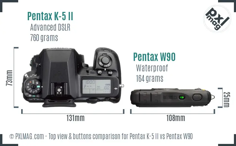 Pentax K-5 II vs Pentax W90 top view buttons comparison