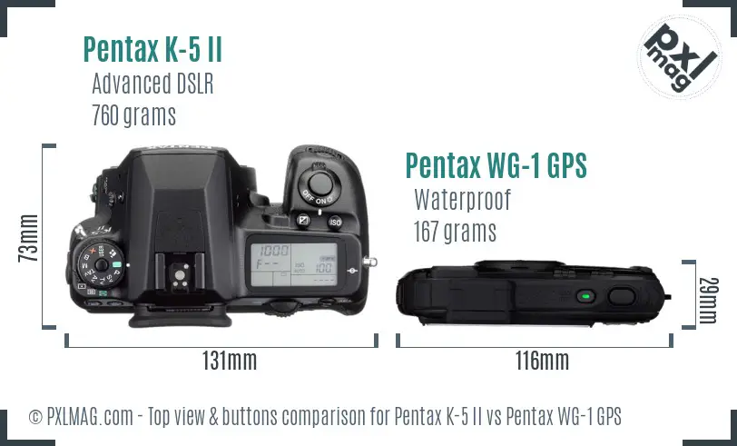 Pentax K-5 II vs Pentax WG-1 GPS top view buttons comparison