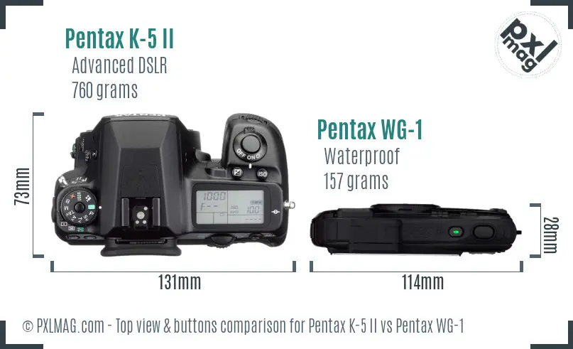 Pentax K-5 II vs Pentax WG-1 top view buttons comparison