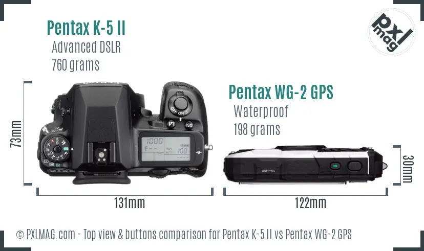 Pentax K-5 II vs Pentax WG-2 GPS top view buttons comparison