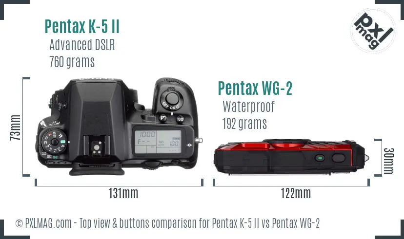 Pentax K-5 II vs Pentax WG-2 top view buttons comparison
