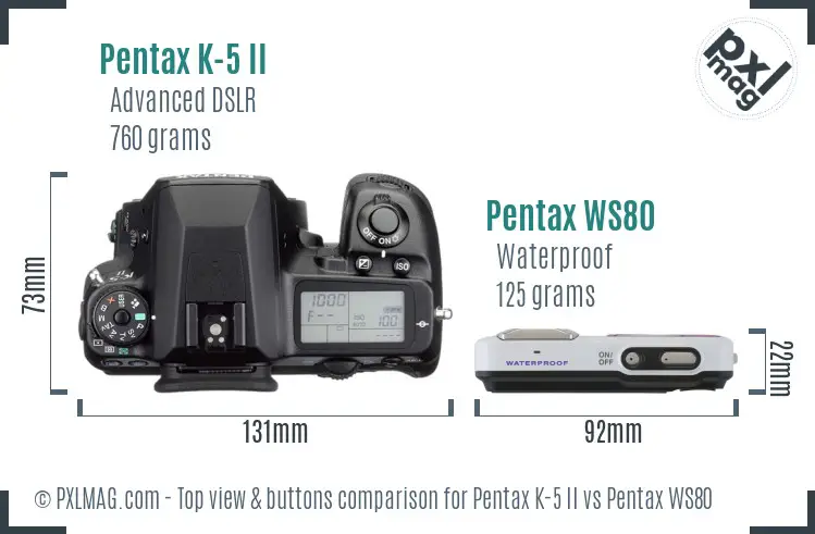 Pentax K-5 II vs Pentax WS80 top view buttons comparison