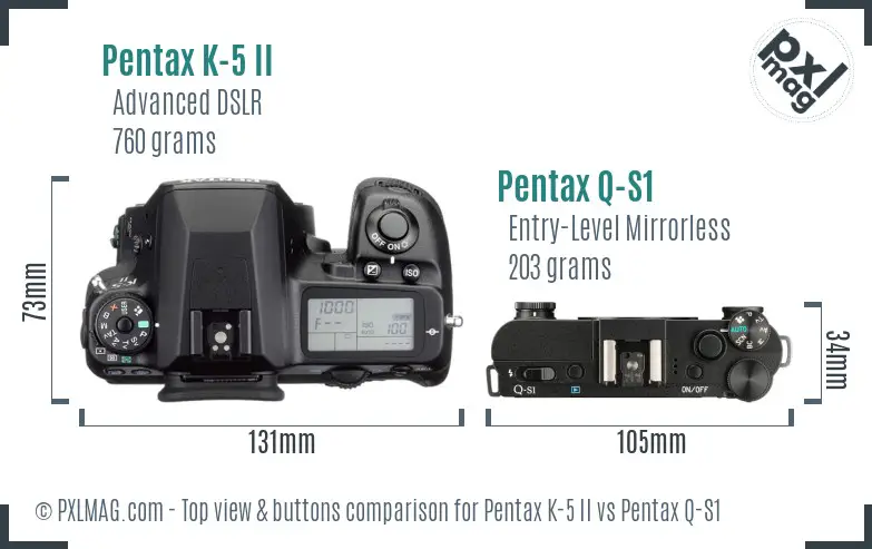 Pentax K-5 II vs Pentax Q-S1 top view buttons comparison