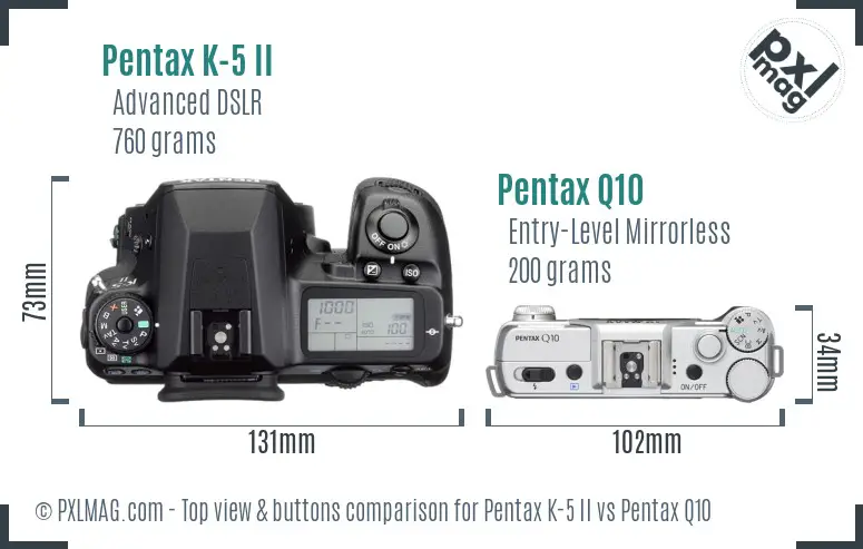 Pentax K-5 II vs Pentax Q10 top view buttons comparison