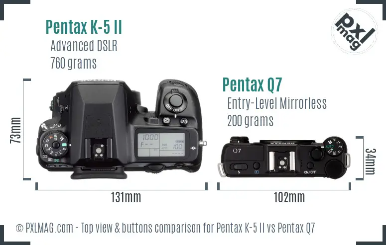 Pentax K-5 II vs Pentax Q7 top view buttons comparison