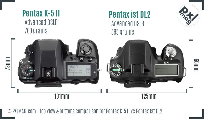 Pentax K-5 II vs Pentax ist DL2 top view buttons comparison