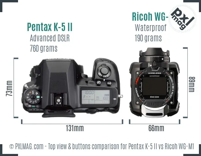 Pentax K-5 II vs Ricoh WG-M1 top view buttons comparison