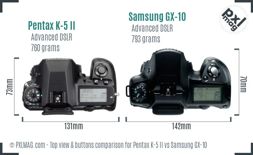 Pentax K-5 II vs Samsung GX-10 top view buttons comparison