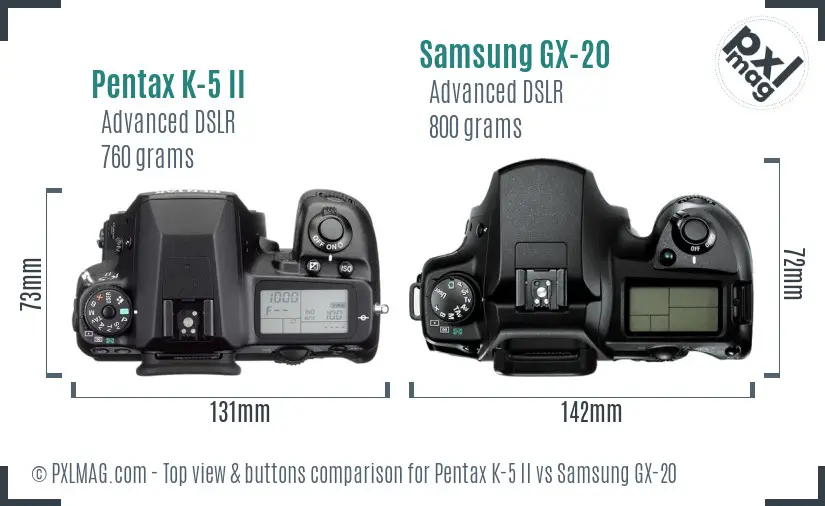 Pentax K-5 II vs Samsung GX-20 top view buttons comparison Pentax K-5 II vs Samsung GX-20 top view buttons comparison