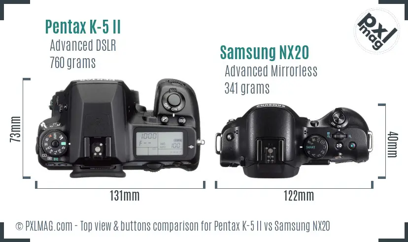 Pentax K-5 II vs Samsung NX20 top view buttons comparison