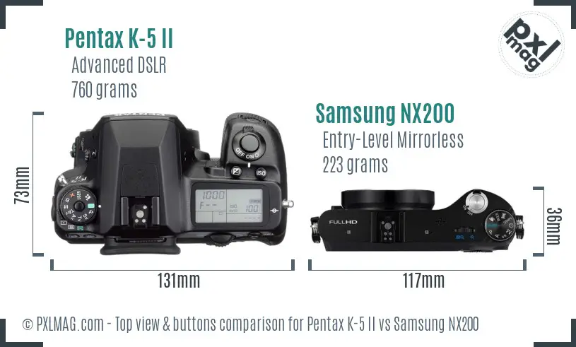 Pentax K-5 II vs Samsung NX200 top view buttons comparison