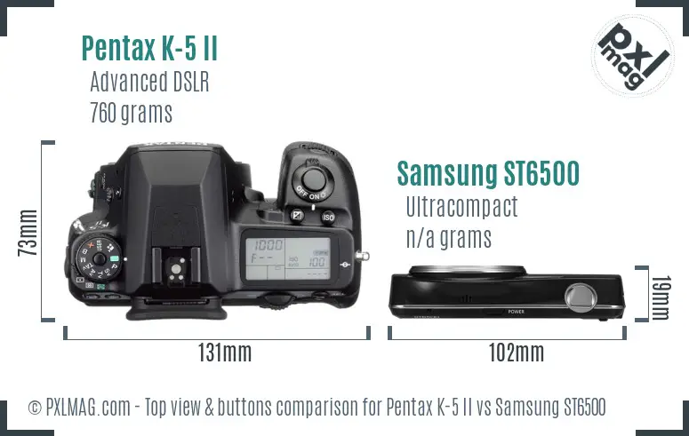 Pentax K-5 II vs Samsung ST6500 top view buttons comparison