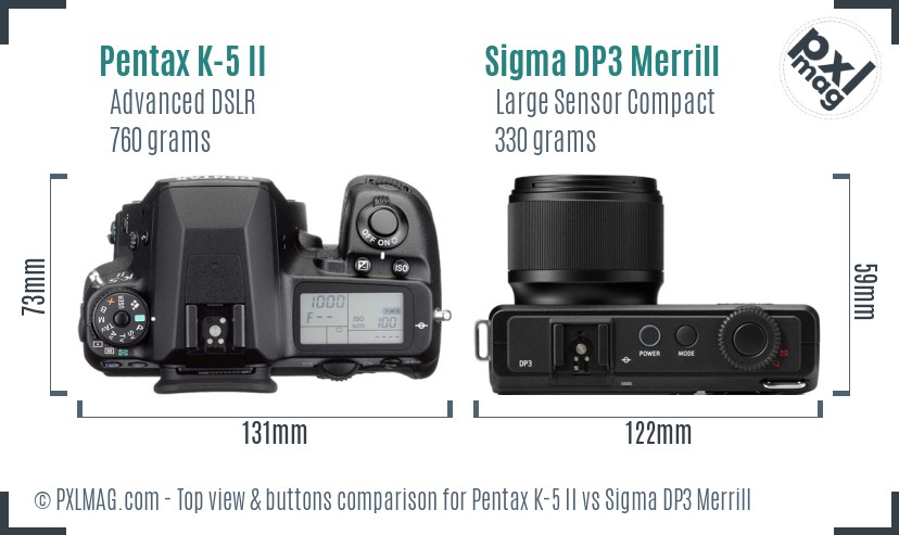 Pentax K-5 II vs Sigma DP3 Merrill top view buttons comparison